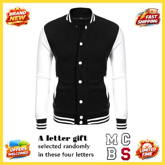 Slim Fit Varsity Jacket Cotton Letterman Baseball Bomber Casual Sporty - Picture 4 of 7